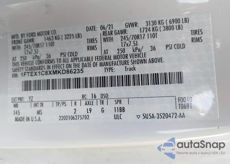 2021 Ford F-150 Xlt из США, поврежденный, VIN 1FTEX1C8XMKD86235